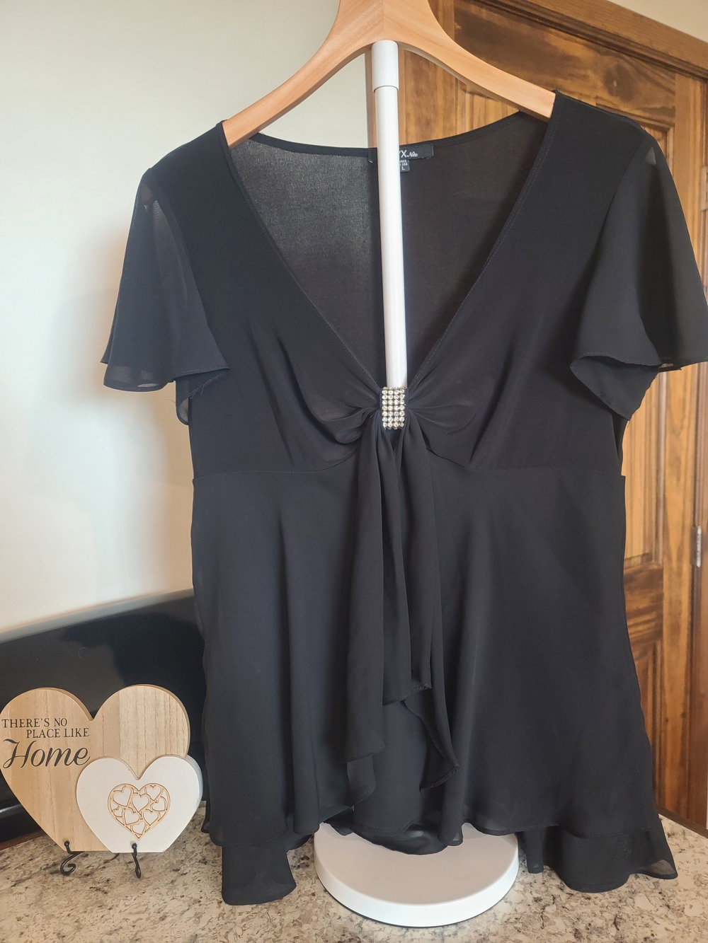 Onyx Nite Black V-Neck Rhinestone Accent Flutter Sleeve Top